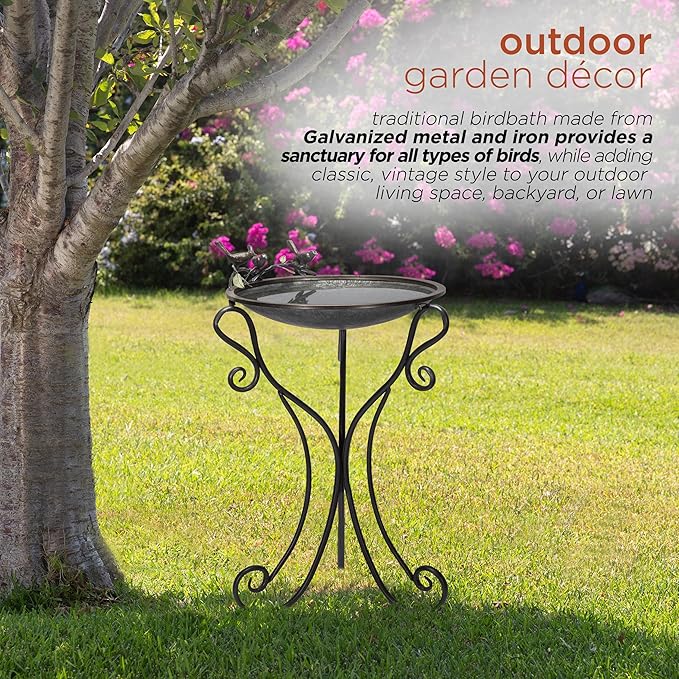 Alpine Corporation Vintage Metal Birdbath with Twigs and Bird Figurines - Iron Outdoor Decor for Garden, Patio, Deck, Porch
