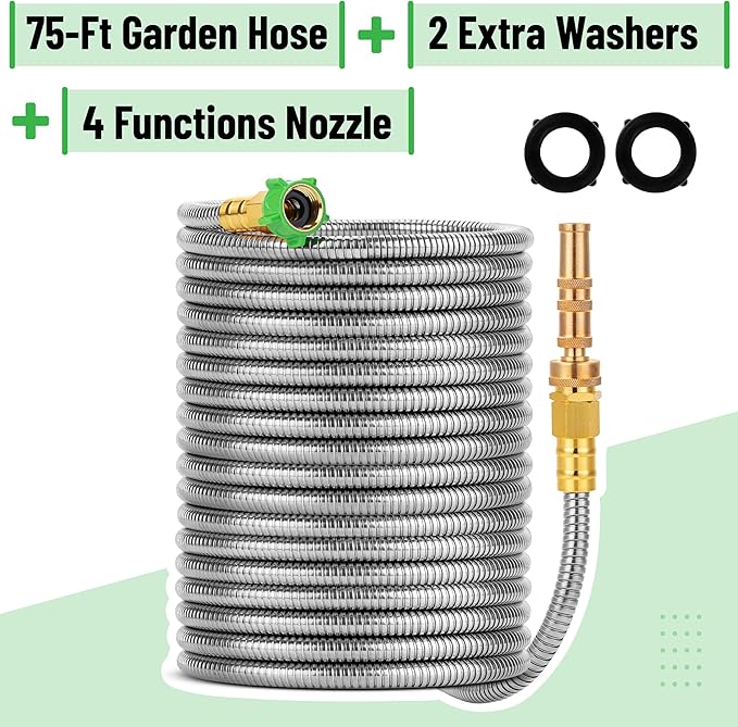 UNCO- Stainless Steel Metal Hose with 4 Function Brass Nozzle, 75 ft, No Kink, Metal Garden Hose
