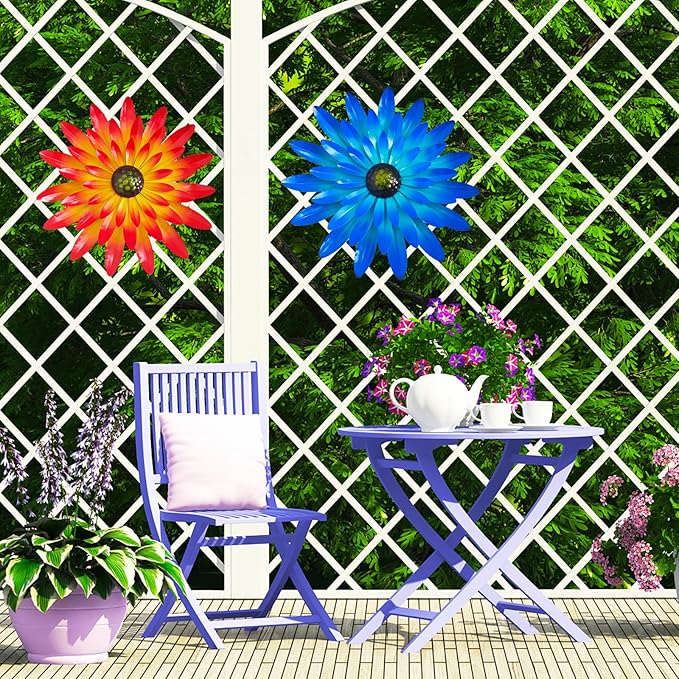 2PCS Metal Flower Wall Decorations - 12 Inch, Orange and Blue, Metal Flower Wall Art Garden Decor Hanging for Indoor and Outdoor