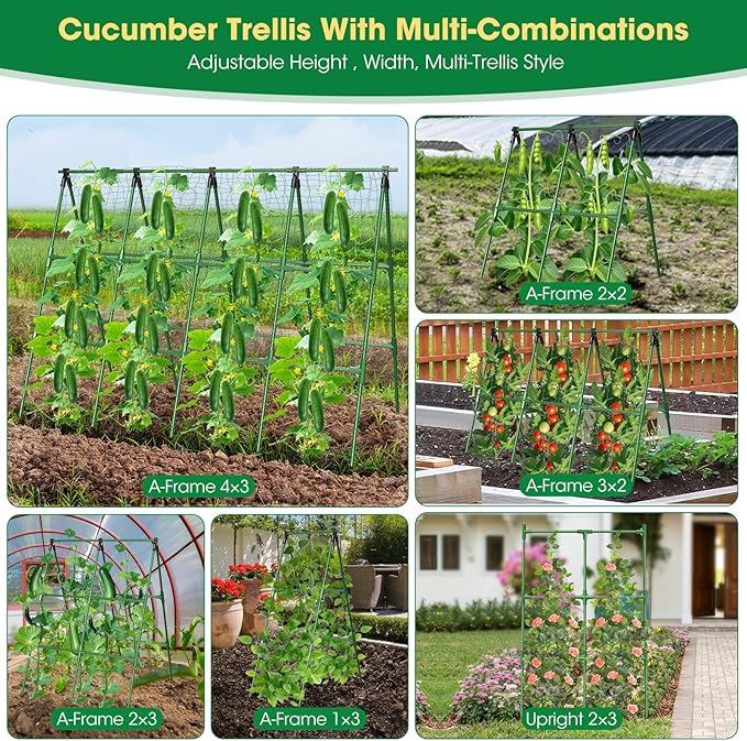71x51 Inch Cucumber Trellis for Raised Bed,Foldable A-Frame Garden Trellis for Climbing Plants Outdoor with Climbing Net,Plastic-Coated Steel Core,for Cucumber Beans and Vine Type Plants