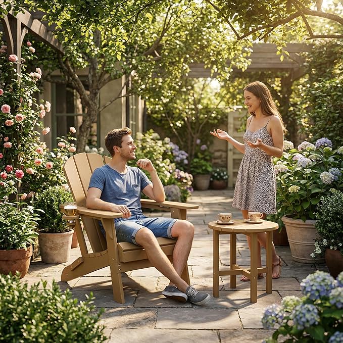 GLANC Folding Adirondack Chair Set of 2, HDPE All-Weather Outdoor Patio Fire Pit Chairs Lawn Chair for Poolside Backyard Deck Balcony, Wooden Textured with Cup Holder, 380LBS Capacity (Brown)