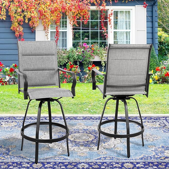 Vongrasig 2 Piece Outdoor Patio Swivel Bar Chairs, All Weather Padded Sling Textile High Top Bar Stools, Bistro Set for Backyard, Lawn Garden, Balcony, Padded Light Grey