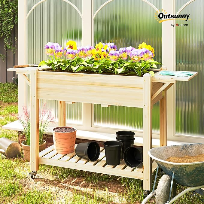 Outsunny Raised Garden Bed, 57 x 20.5 x 34 in Wood Elevated Planter Box with Lockable Wheels, Side Tables and Bottom Shelf, Outdoor Raised Planter with Bed Liner and Drainage Holes, Natural