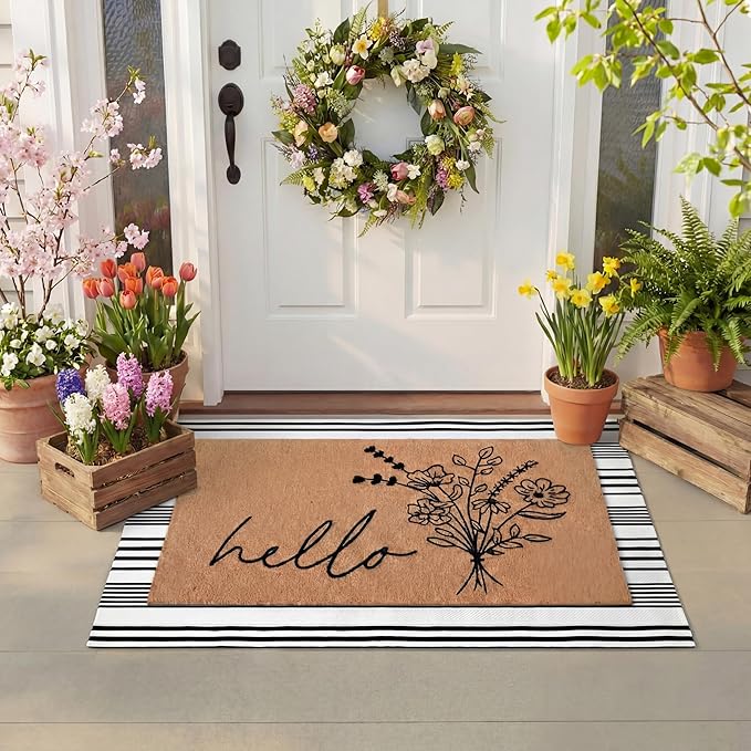 Tinideya 2 Pcs Summer Door Mat Non Slip Wildflower Coastal Hello Sunshine Sweet Home Ocean Pet Welcome Floor Doormat Buffalo Plaid Checked Stripe Mat Seasonal for Front Porch Entryway(Wildflower)