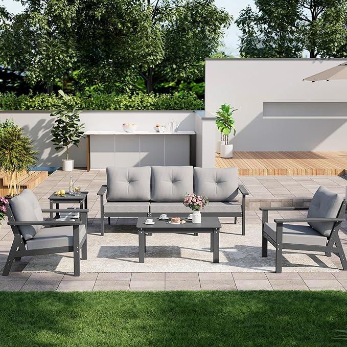 7-Piece HDPE Patio Furniture Set, Outdoor Sectional Sofa Set,All Weather Outdoor Couch with Dust-Free Cushions, Durable Patio Conversation Sets for Balcony, Porch, Gray