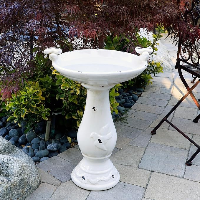 Alpine Corporation 25" Tall Outdoor Antique Ceramic Birdbath with 2 Bird Figurines - Vintage Style Garden Bird Bath Bowl for Patio, Yard, Lawn Decor, Light Brown