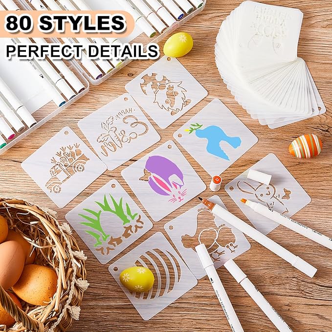 80 Pieces 3 x 3 Inch Easter Reusable Plastic Art Craft Kits for DIY Painting Art Projects Wood Wall Floor Fabric Furniture Tile Holiday Stencils Decorations Easter Egg Stencils Craft Kits