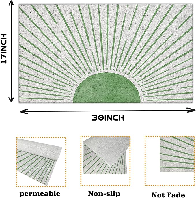 Nogrit Abstract Boho Sun Door Mat, Minimalist Green Sunshine Sunray Doormat Bathmat for Indoor Outdoor Entrance, Mid Century Modern Boho Welcome Mats for Front Door Porch Entryway, 17x30 Inches
