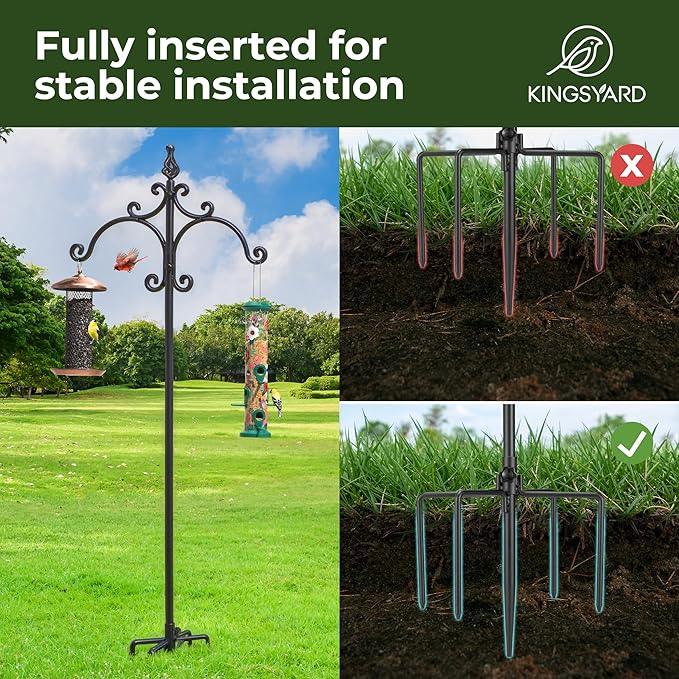 Kingsyard Double Shepherd Hooks for Outdoor - 92" Heavy Duty Decorative Bird Feeder Pole with 5-Prong Base, Adjustable Garden Pole for Hanging Bird Feeders Plants Solar Light Lantern, Black