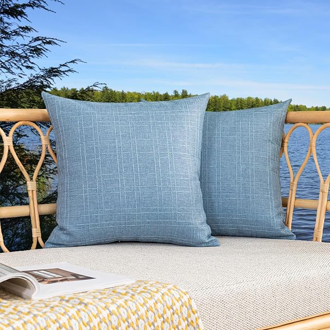 Kevin Textile Pack of 2 Outdoor Waterproof Pillow Covers Checkered Decorative Cushions Sham Throw Pillowcases Shell for Patio Tent Garden Couch Bed Sofa 22x22 Inch Light Blue