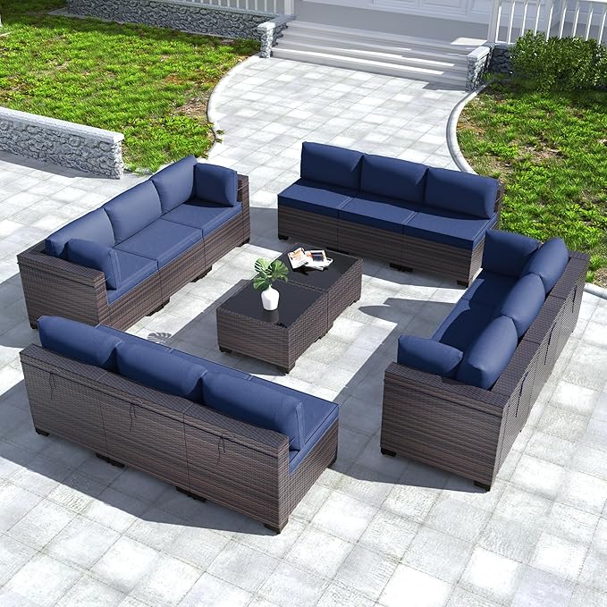 Kullavik 14PCS Outdoor Patio Furniture Set PE Wicker Rattan Sectional Sofa Patio Conversation Sets,Navy Blue