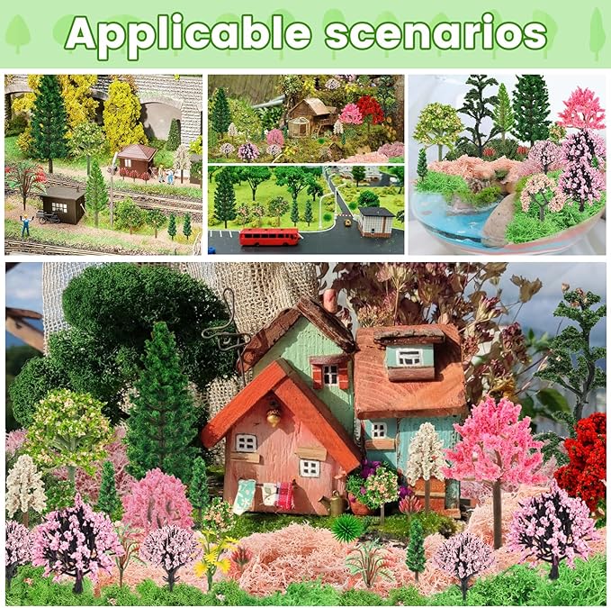 36 Pcs Mixed Model Trees with 40g Moss Pink and Green, Diorama Trees Grass Mini Fake Miniature Trees Moss for Building Model, Model Train Scenery, Natural Green Landscape, Railroad Scenery