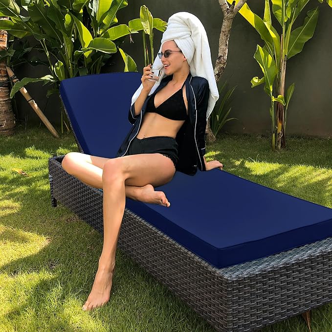 Chaise Lounge Cushion Outdoor, Waterproof and Stain-Resistant Lounge Deck Reclining Chair Cushions for Patio Furniture Lawn Pool Resort Hotel, 80x26x3 Inch, Set of 4, Navy