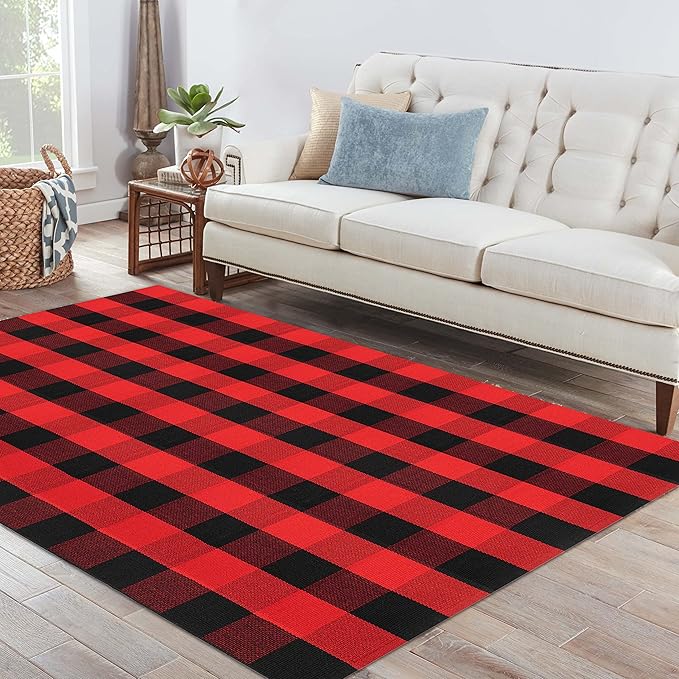 IOHOUZE Christmas Buffalo Plaid Rug 4x6 Ft Outdoor Indoor Rug Red Black Check Washable Area Rug Woven Cotton Checkered Front Porch Mat Christmas Decor for Front Door Entryway Living Room
