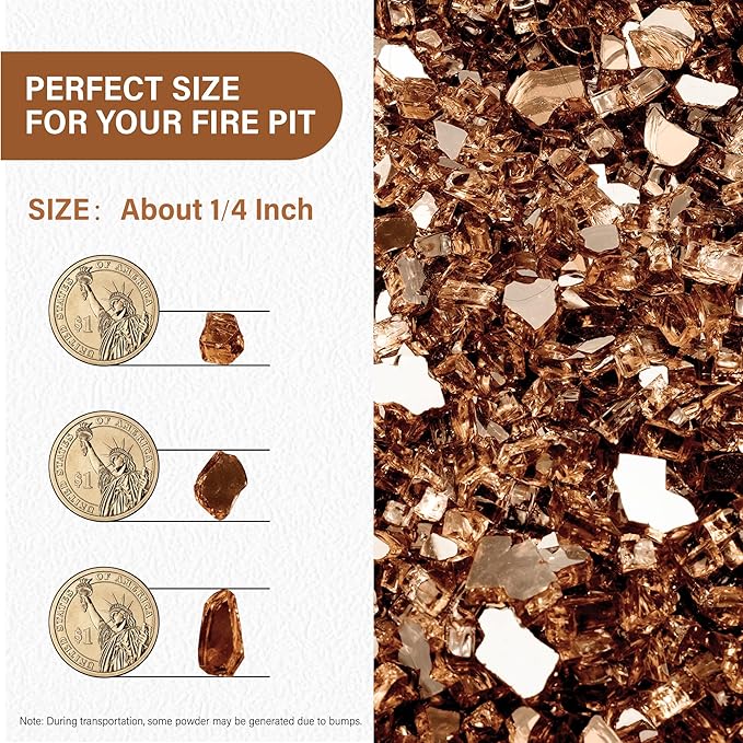NUPICK 5 Pound Fire Glass, 1/4 Inch Reflective Fire Pit Glass, Tempered Firepit Glass Rock for Propane or Natural Gas, Glass Rocks for Fire Pit Table, Fireplace Glass for Landscaping, Copper