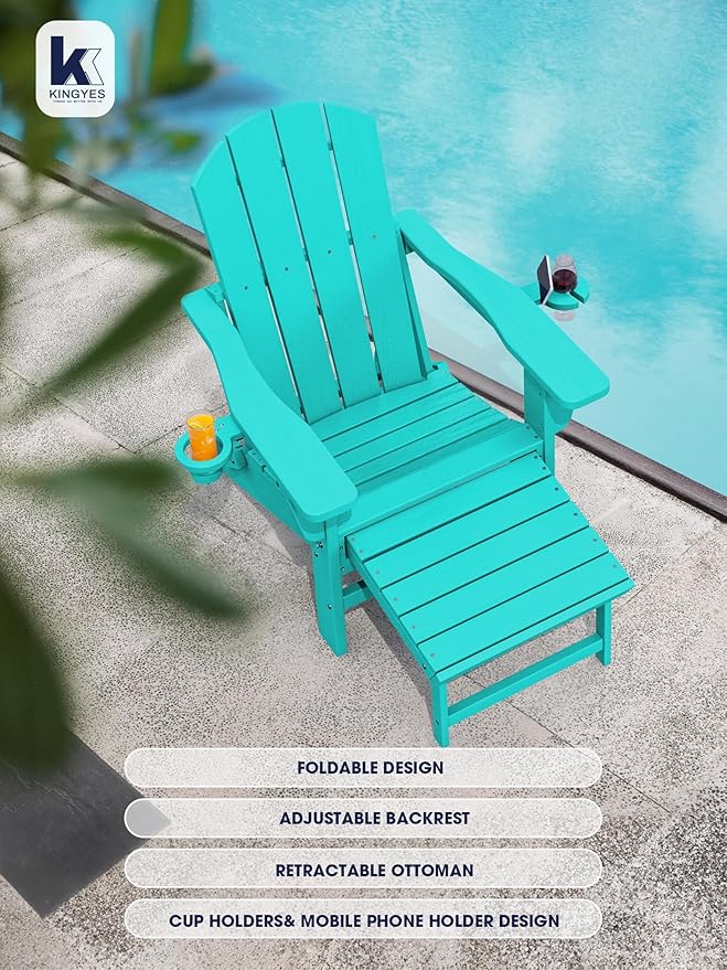 KINGYES Folding Adjustable Adirondack Chair with Ottoman & 2 Cup Holders, HDPE Adirondack Recliner Chair with Footrest, Aruba