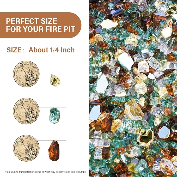 NUPICK 10 Pound Fire Glass, 1/4 Inch Reflective Fire Pit Glass, Tempered Firepit Glass Rock for Propane or Natural Gas, Glass Rocks for Fire Pit Table or Fireplace, Gold & Green & Copper Mix