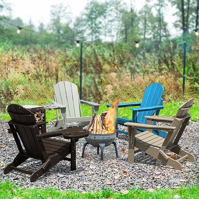 Adirondack Chair, HDPE Folding Adirondack Chair with Multifunctional Cup Holder, Weather Resistant Fire Pit Chair for porches, patios, patios, poolsides, Decks.