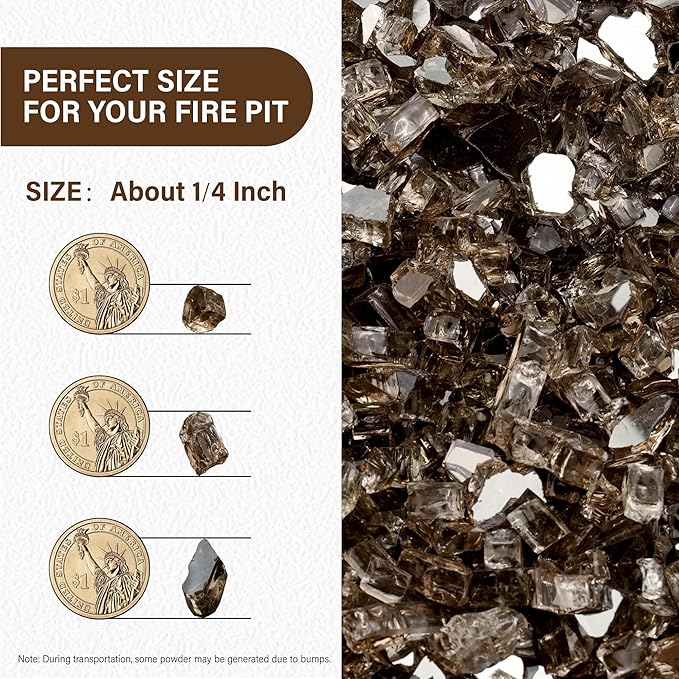NUPICK 10 Pound Fire Glass, 1/4 Inch Reflective Fire Pit Glass, Tempered Firepit Glass Rock for Propane or Natural Gas, Glass Rocks for Fire Pit Table, Fireplace Glass for Landscaping, Bronze
