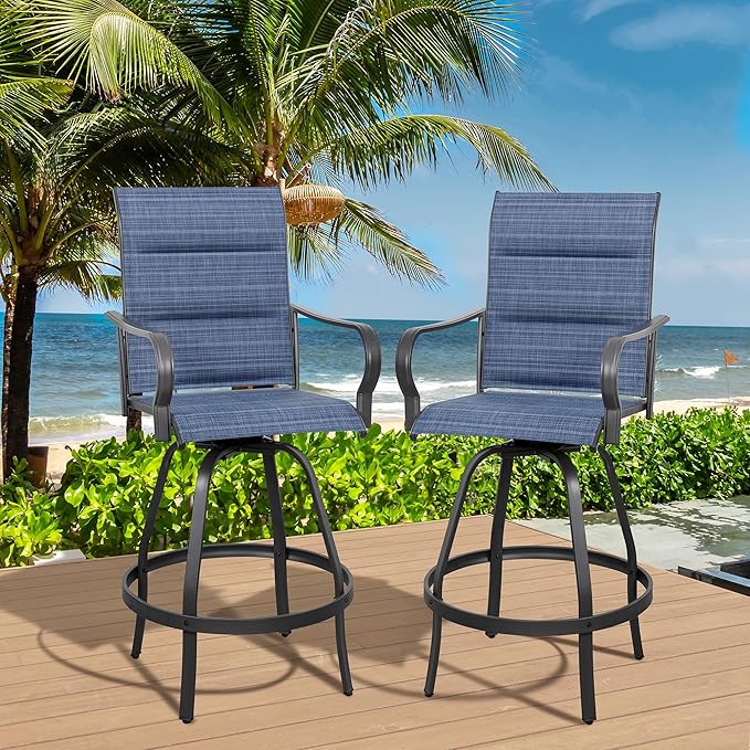 Vongrasig 2 Piece Outdoor Patio Swivel Bar Chairs, All Weather Padded Sling Textile High Top Bar Stools, Bistro Set for Backyard, Lawn Garden, Balcony, Padded Blue