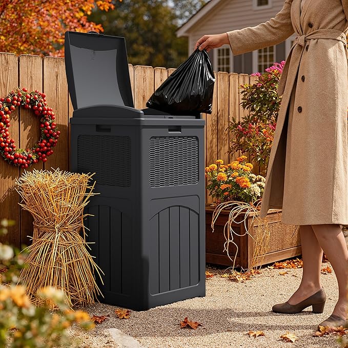 YESHOMY 33 Gallon Resin Outdoor Trash Can with Lid, Hideaway Waterproof Patio Garbage Bin, Black