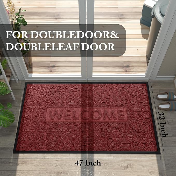 Yimobra Large Welcome Mat 47x32, Waterproof Non-Slip Outdoor Mats for Front Door Outside Entrance, Low-Profile Entryway Mat Indoor for Garage Patio, Wine Red