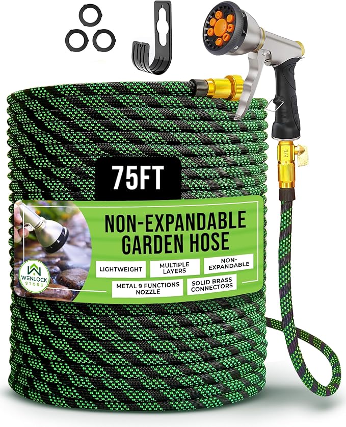 Garden Hose 75 ft, Lightweight, Sturdy Metal Nozzle 9 Spray, Heavy Duty, Leakproof Flexible Water Hose, Durable Multiple Layers, Solid Brass Connectors