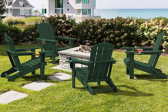 SERWALL Adirondack Chair with Cup Holders - Composite Adirondack Chairs Set of 6 HDPE Outdoor Chairs All Weather Use- Green