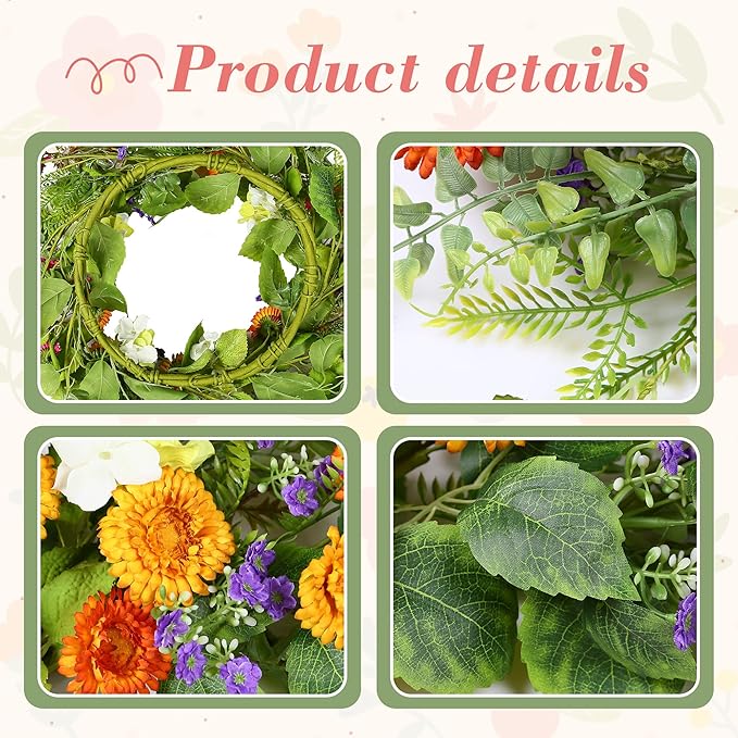 YNYLCHMX 18" Spring Summer Wreaths for Front Door, Artificial Floral Wreath with Daisy Flowers Green Tea Leaves, Green Foliage Wreath for Wall Window Farmhouse Party Holiday Home Decor