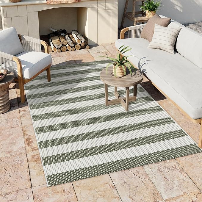Green and White Striped Outdoor Rug 4x6 ft, Washable Cotton Woven Patio Rug, Reversible Foldable Front Porch Decor Indoor Outdoor Rugs for Farmhouse/Living Room