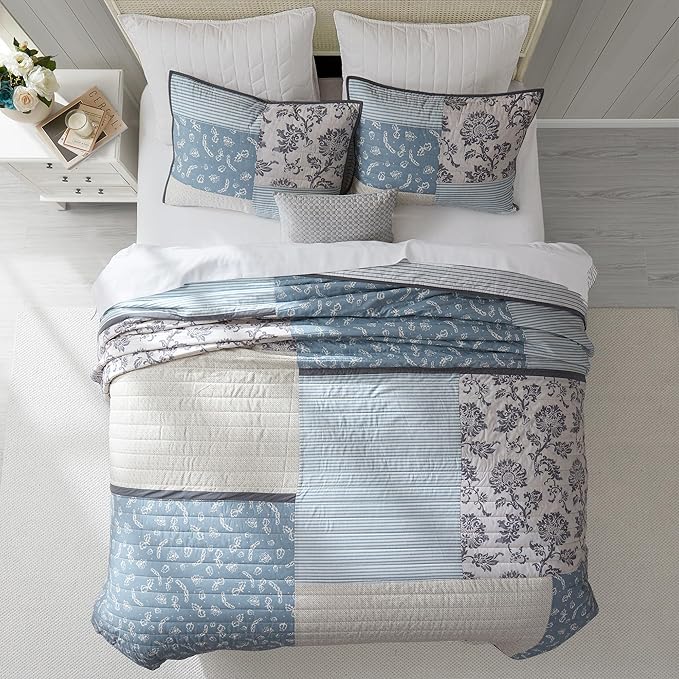 Wonderful 100% Cotton Patchwork Quilt King Size, Blue Beige Floral Stitch Bedding, Farmhouse Reversible Soft Pre-Washed Rustic Coverlet Bedspread for All Season 106"x94"