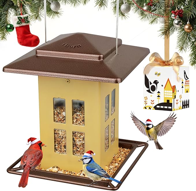 iBorn Bird Feeder for Outdoor Hanging,Metal Bird Feeder Hanging Outside for Cardinal, Double-Sided Hanger Wild Birdfeeder All Metal Constructions, Holds 2.6LB Seed, Muted Yellow,8 Ports