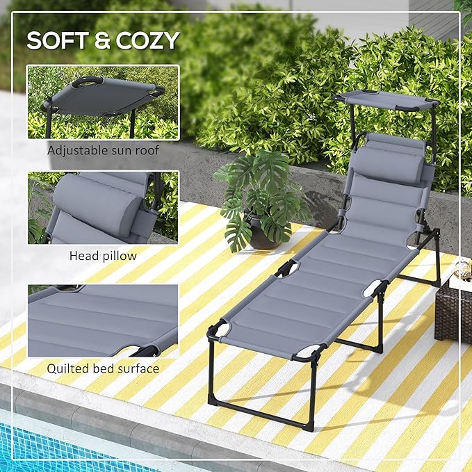 Outsunny 2 Pieces Outdoor Lounge Chair, Adjustable Backrest Folding Chaise Lounge, Cushioned Tanning Chair with Sunshade Roof & Pillow Headrest for Beach, Camping, Hiking, Gray