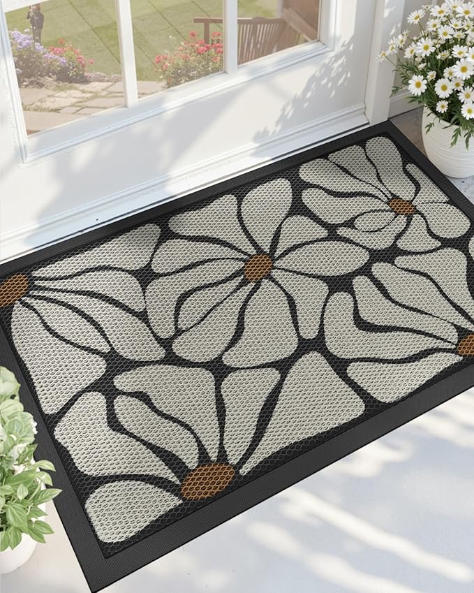 Color&Geometry Outdoor Mats with Natural Flower Patterns for Front Door All Weather, 32"x48" Non Slip Outside Door Mats, Dirt Trapping Waterproof Doormat Outdoor Entrance