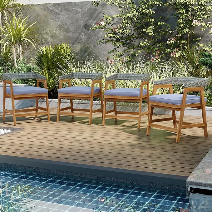 Tangkula 5 Piece Patio Dining Set for 4, Outdoor Solid Wood Round Table with Cushioned Chairs, for Deck, Lawn, Garden and Poolside