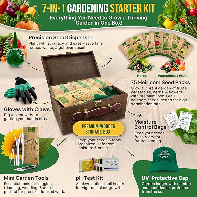 75 Vegetable & Greens Seeds Variety Pack, Garden Seed Starter Kit - Over 44,700 Non-GMO Heirloom Seeds for Planting Vegetables and Greens, Seed Box with Gardening Supplies, Gardening Gifts