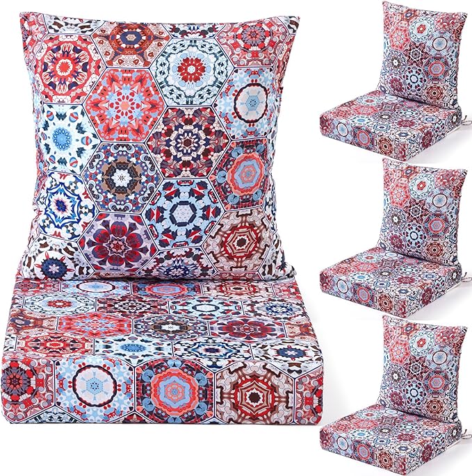 Hoteam 4 Set Outdoor Chair Patio Cushions Deep Seat Waterproof Chair Cushions 20 x 20 Inch for Patio Furniture Set Replacement Removable Seat and Back(Ethnic Style)