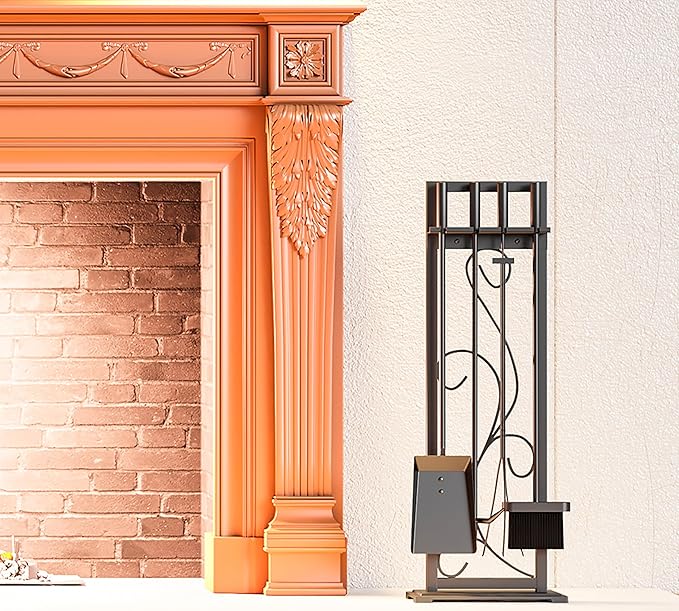 Kingson 5-Piece Heavy Duty Wrought Iron Fireplace Tool Set - Durable Indoor & Outdoor Fireplace Accessories with Decorative Black Finish - Stylish and Functional Hearth Décor for Fireplaces