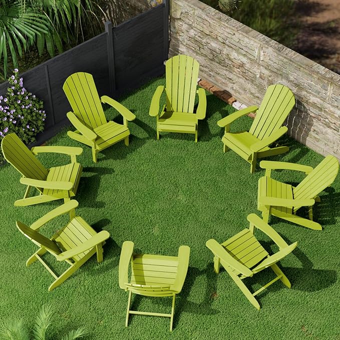 YEFU Adirondack Chairs Set of 8: Plastic Adirondack Chairs - Patio Chairs with Wood Texture - Outdoor Chair HIPS - Lawn Fire Pit Deck Porch Garden Chairs for Adults(Kelly Green)