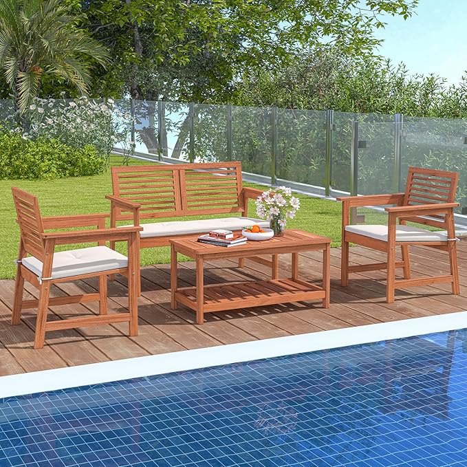 Tangkula 4 Piece Patio Conversation Set, Wood Sofa Set with Soft Seat Cushions, 2-Tier Rectangle Coffee Table, Outdoor Solid Wood Furniture Set for Poolside, Yard, Porch