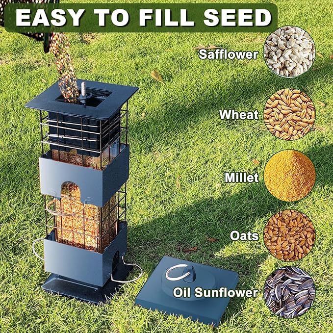 Squirrel Proof Bird Feeder,3Lbs Metal Birdfeeders Squirrel Proof with 4 Feeding Ports forOutdoors Hanging, Birdseed Feeder for Cardinal, Sparrow,Bluejay,Outside (Blue)