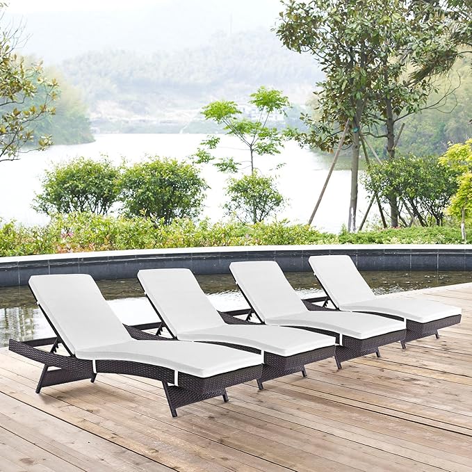 Modway Convene Wicker Rattan Outdoor Patio Chaise Lounge Chairs in Espresso Mocha - Set of 4