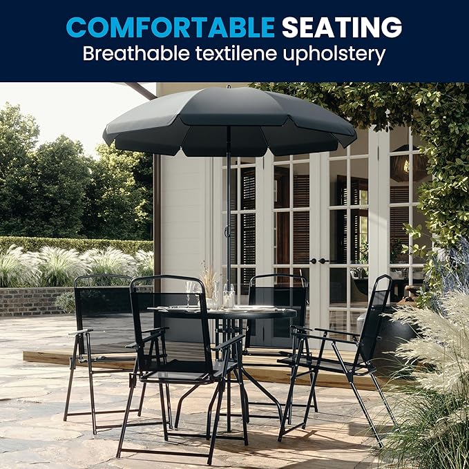 Flash Furniture Nantucket 6-Piece Patio Dining Set with Glass Table, 4 Folding Chairs, and Umbrella, Outdoor Patio Set, Black