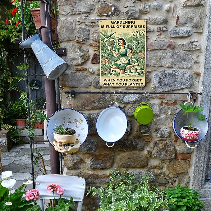 Funny Garden Decor Sign – Gardening Gifts for Women, Garden Decor Aluminum Outdoor Sign, Gardening Is Full of Surprises, Yard & Patio Gifts for Plant Lovers & Gardeners 12" x 8"