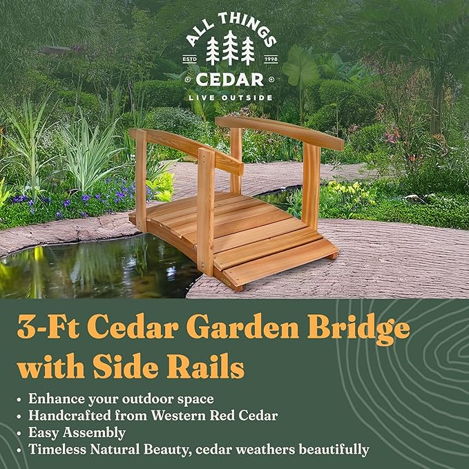 All Things Cedar Wooden Bridge, Outdoor Garden Walkway with Side Rails, 3', Natural