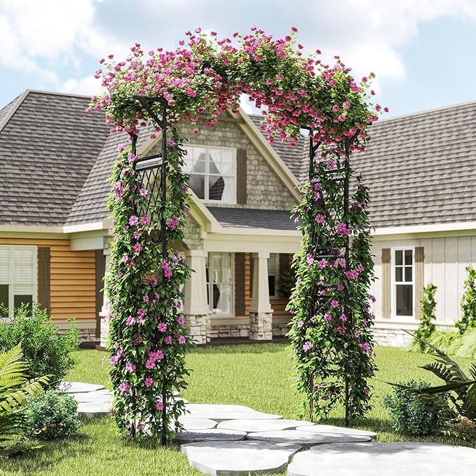 Giantex Garden Arch Trellis, 67''W x 83''H Metal Arbor with Corrugated PE-Coated Steel Tubes & Lattice Panels for Climbing Plants, Decorative Wedding Arch for Yard, Lawn, Party & Outdoor Events