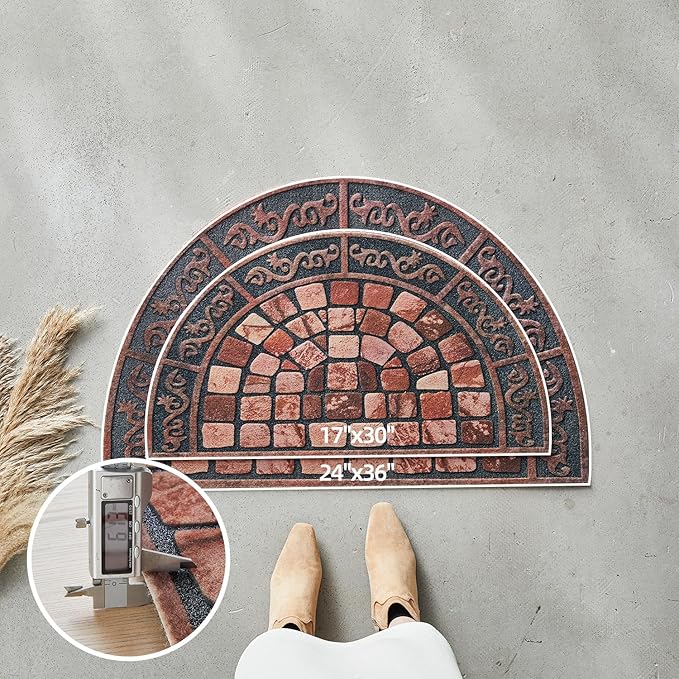 Half Circle Door Mat Outdoor, Front Door Rug Indoor Outside Entrance, Absorbent Heavy Duty Doormat Non Slip Backing, Half Round Rug for Entryway, 17x30, Brick Print