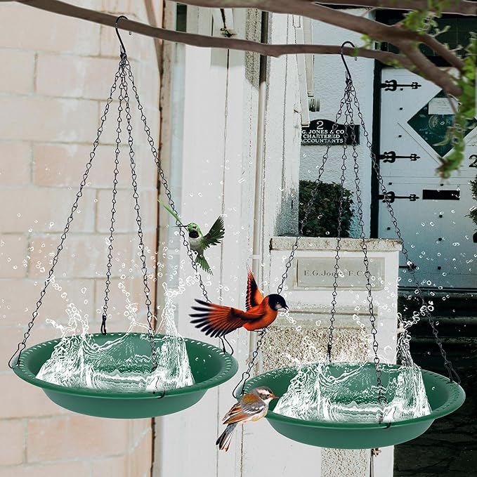 Bird Bath for Outside Heavy Duty, 14 inch BirdBath Bowl Only with 25” Rust-Proof Black Chains for Outdoor, Hanging Bird Bath Hanging Bird-Feeder for Garden Backyard Decor (Green 1 Pack)