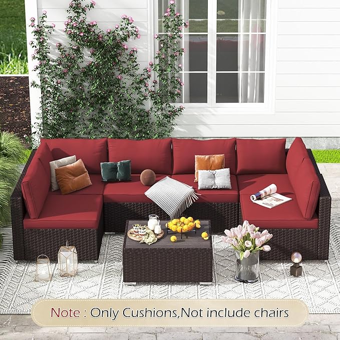 HOMREST Outdoor Replacement Cushions for Patio Furniture,Water-Repellent Sofa Cushion for 6-Seat Rattan Wicker Sectional Patio Conversation Sets,14-Piece Cushions Set for Outdoor Couch（Burgundy Red）