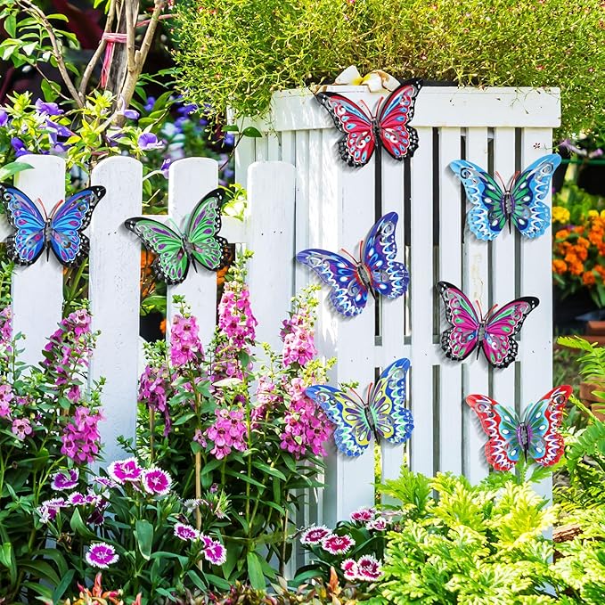 Jetec 8 Pcs Metal Butterfly Wall Decor 6.5 Inch Outdoor Butterflies Wall Art Sculpture 3D Butterfly Hanging Decoration for Spring Outside Fence Garden Yard Home Patio Balcony(Novel Style)